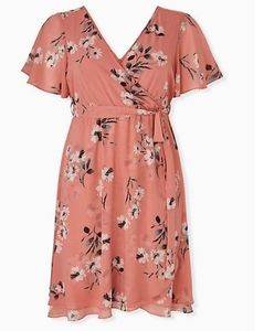 Coral Floral Chiffon Faux Wrap Midi Dress